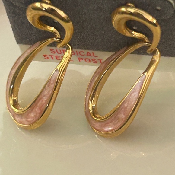 Gold Clay Pink Loop Dangle Earrings Pierced NEW Vintage Surgical Steel Post - Picture 6 of 10